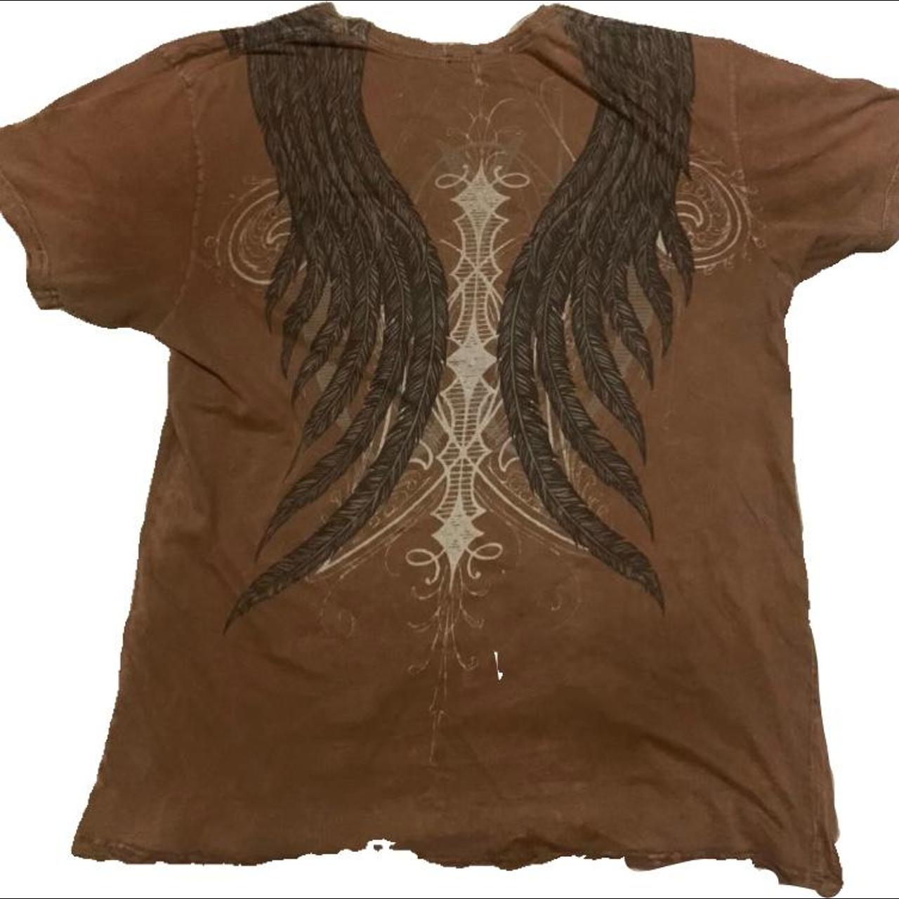 Brown Distressed Eagle Affliction Shirt Size: Large... - Depop