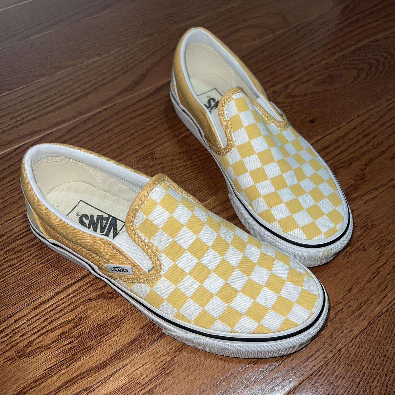 yellow slip on checkered vans worn a few