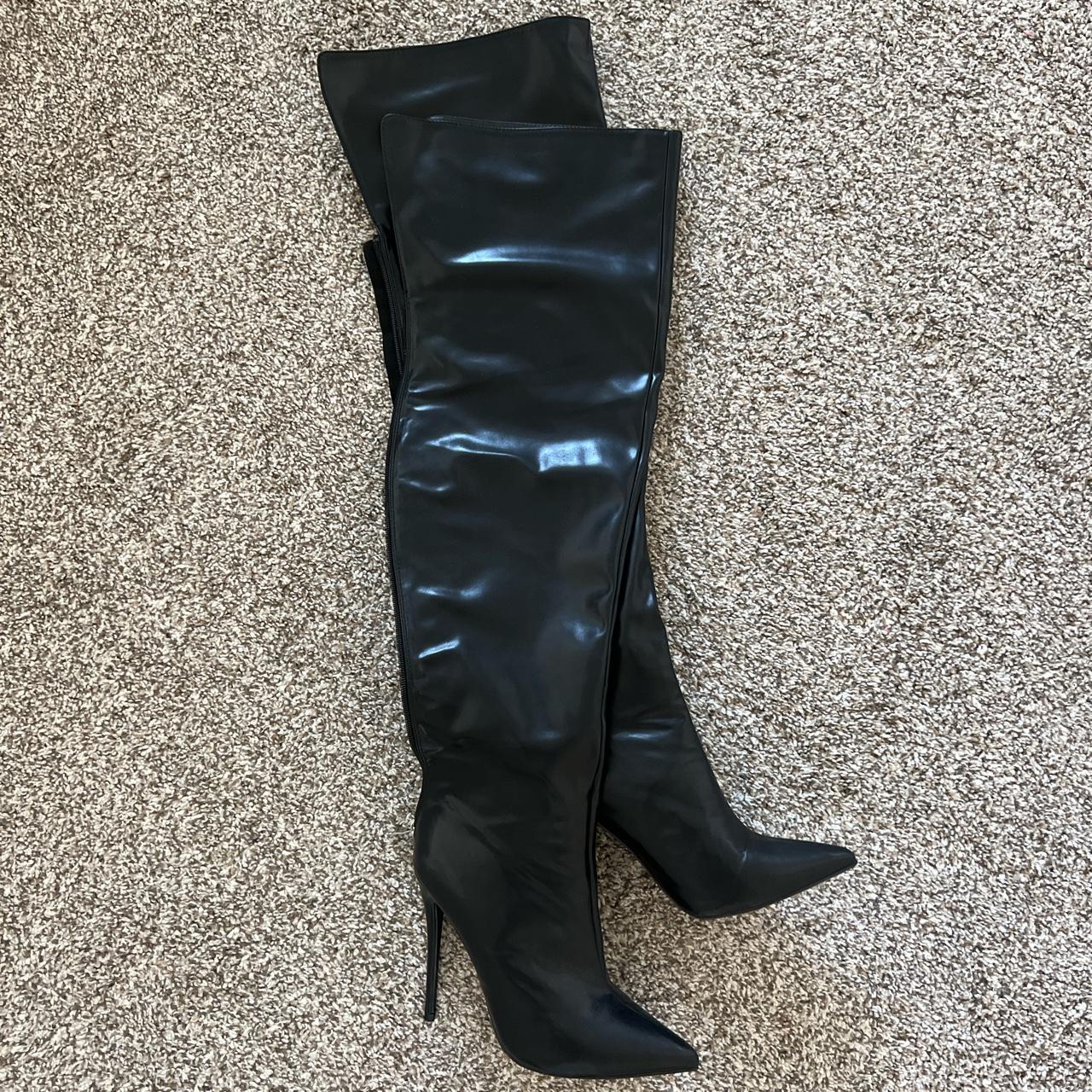 black thigh high leather boots size 6 worn once $45 - Depop