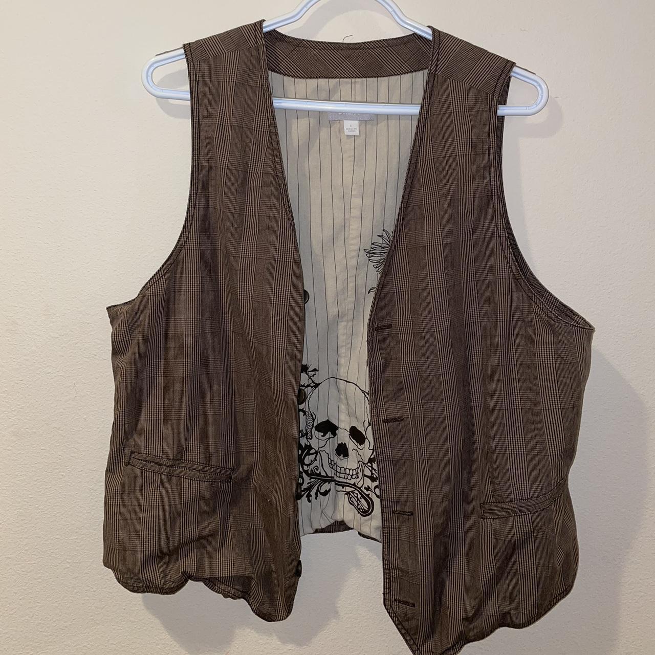 Utility brown plaid vest with skull design Size L - Depop