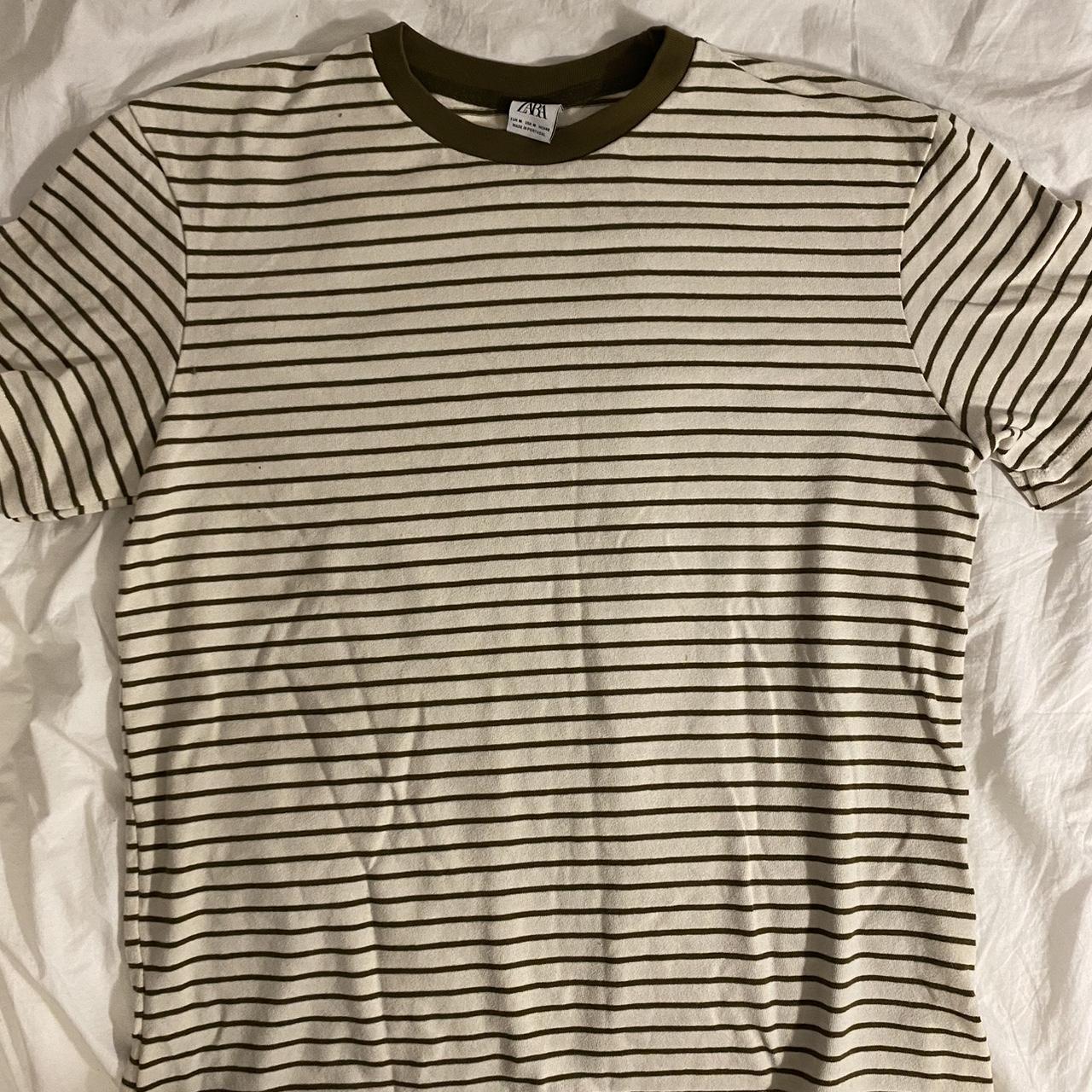 Zara dark green and cream striped tee. Made with a... - Depop