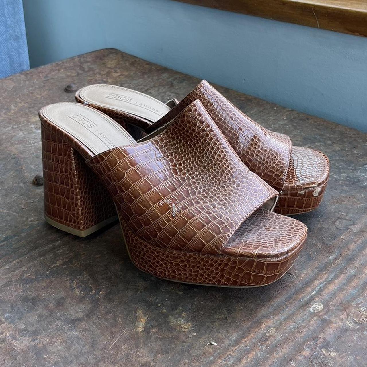 Brown croc print platform mules heel 70s vibes