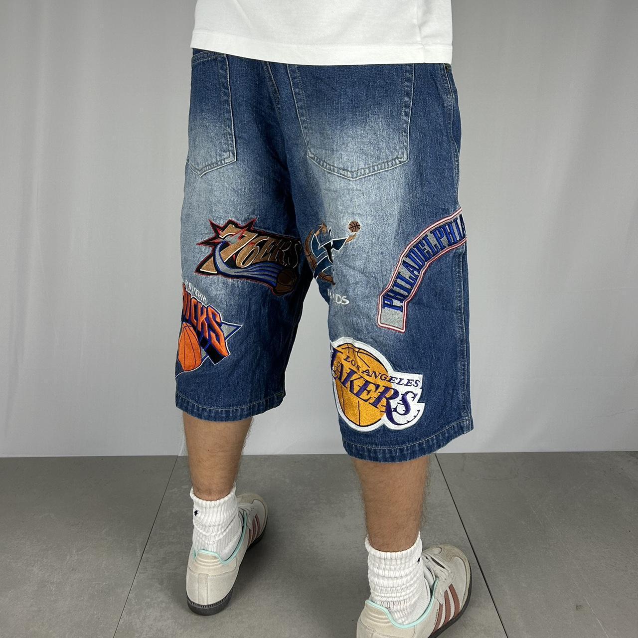 Baggy embroidered nba jorts denim shorts in... - Depop