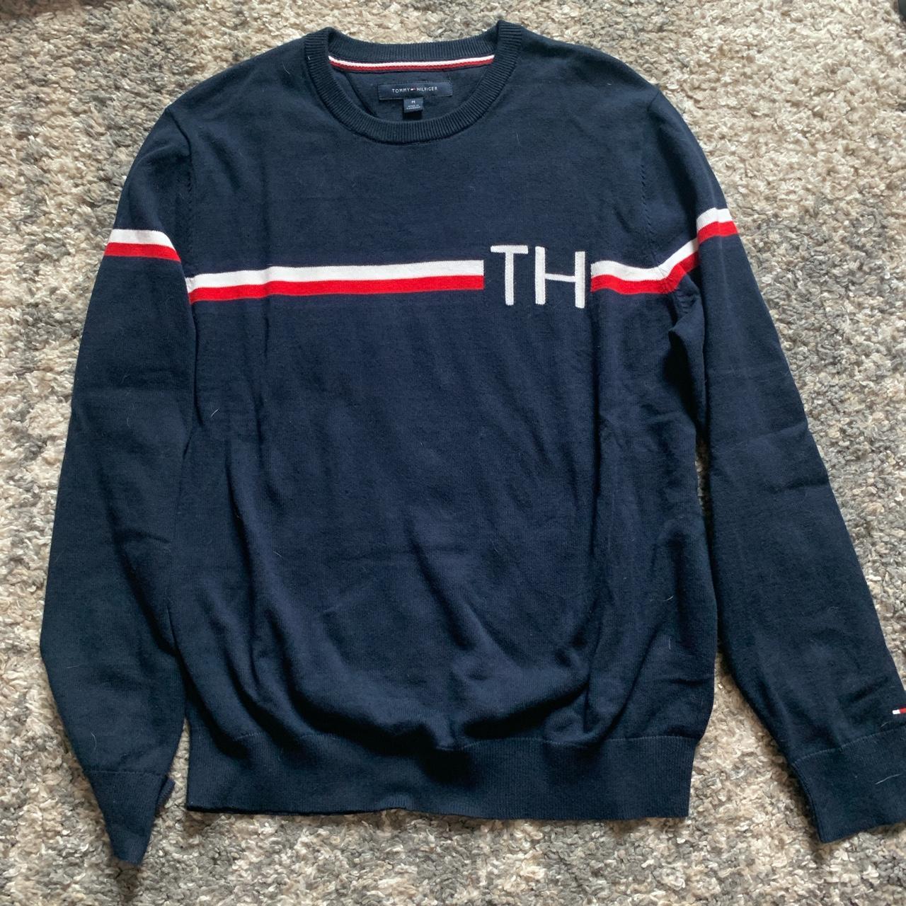 Tommy Hilfiger Men's Navy and Red Jumper | Depop