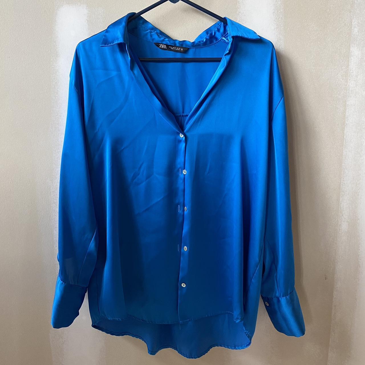 Satin Zara long sleeved cobalt blouse #satin #zara... - Depop