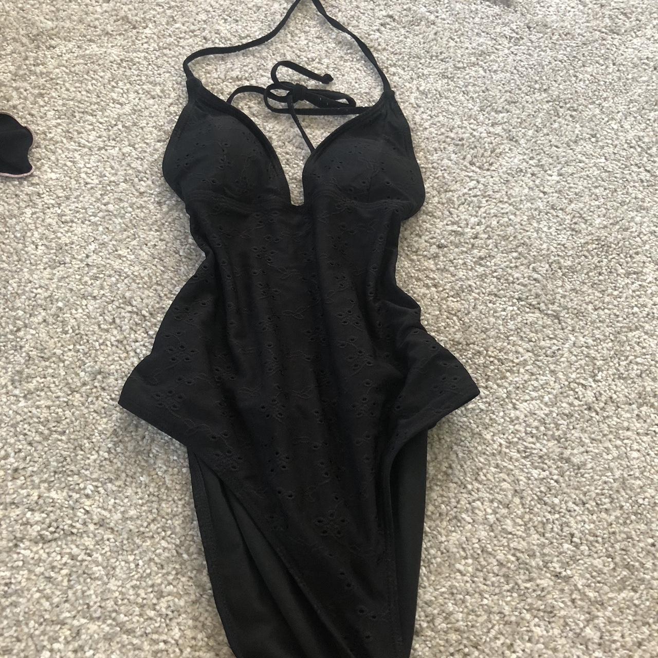 Black tie one piece swimsuit with flowers printed,... - Depop