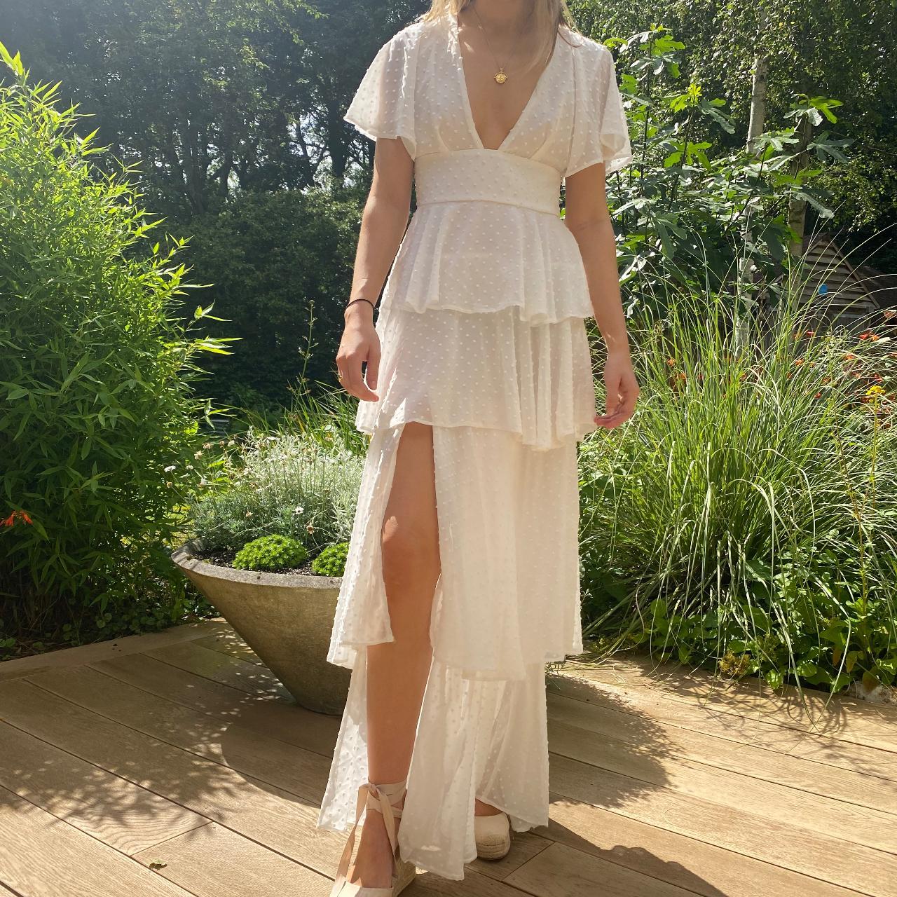 Stunning white tiered maxi dress with ruffled, v... - Depop