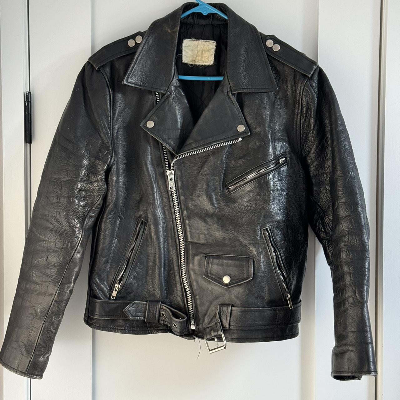 70s leather biker jacket size 38R (see pictures).... - Depop