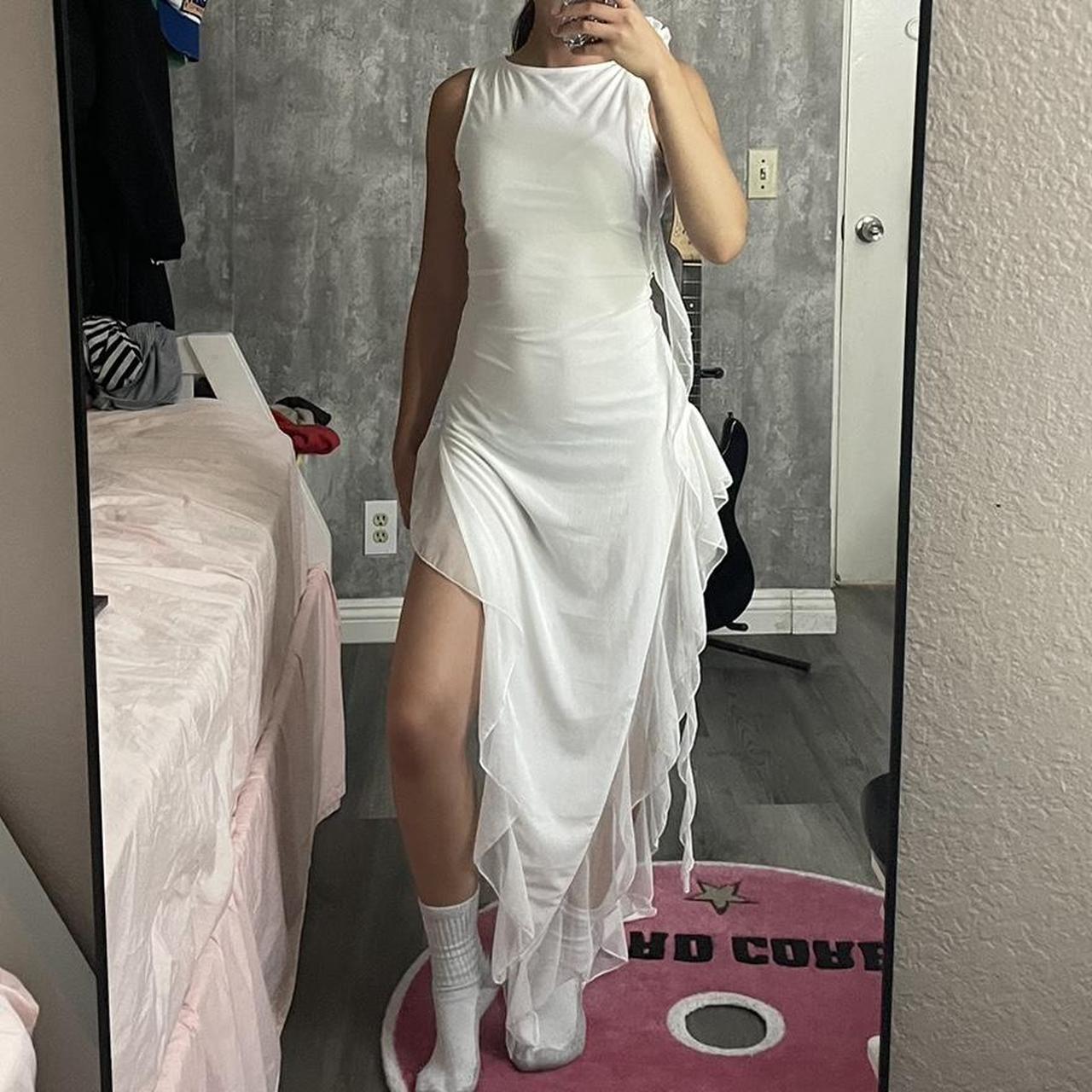 White mesh midi dress with a ruffle hem and a rose... - Depop