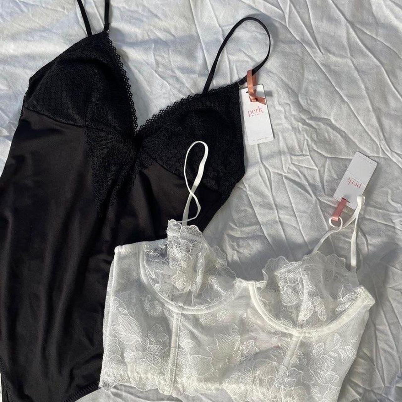 Perk by Kate black lace bodysuit and white lace bra... - Depop