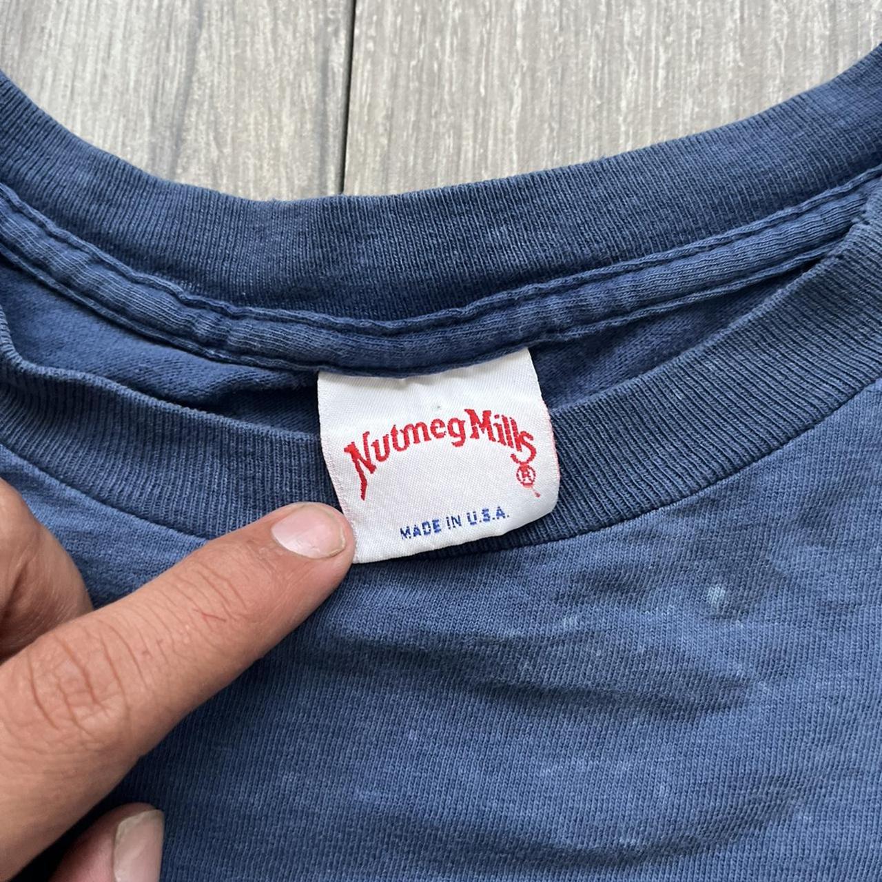 Nutmeg Men's Blue and White Tshirt Depop