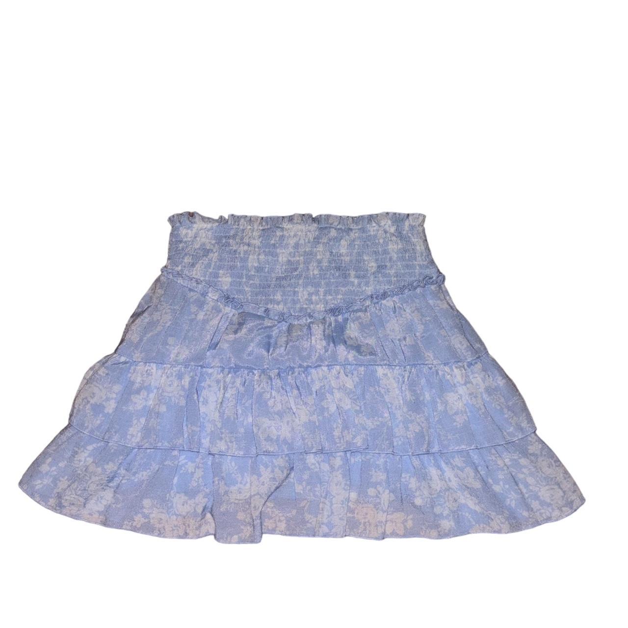 white & baby blue ruffled floral skirt size... - Depop