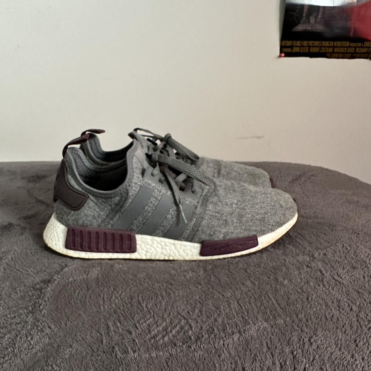 Adidas NMDs grey wool and burgundy colorway. Size