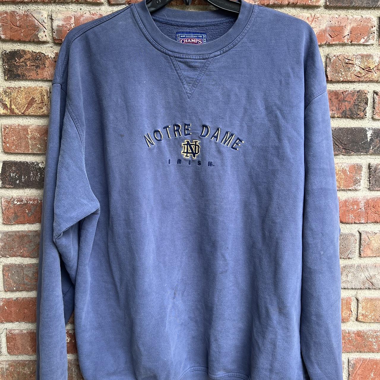 distressed notre dame crewneck sweatshirt size... - Depop