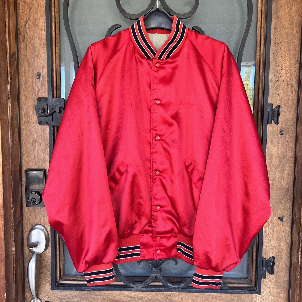 Vintage 80s Satin Varsity Bomber Jacket Condition:... - Depop