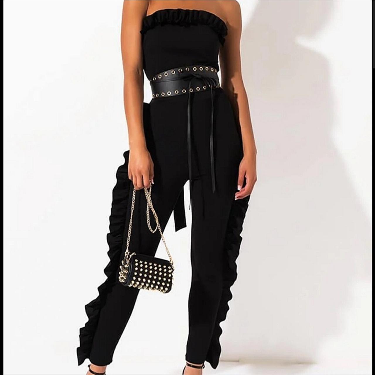 Akira Black Side Ruffled Skinny Leg Jumpsuit Size