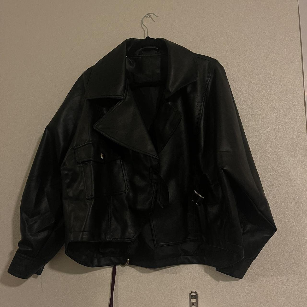 Black Leather Jacket Over sized Worn once - Depop