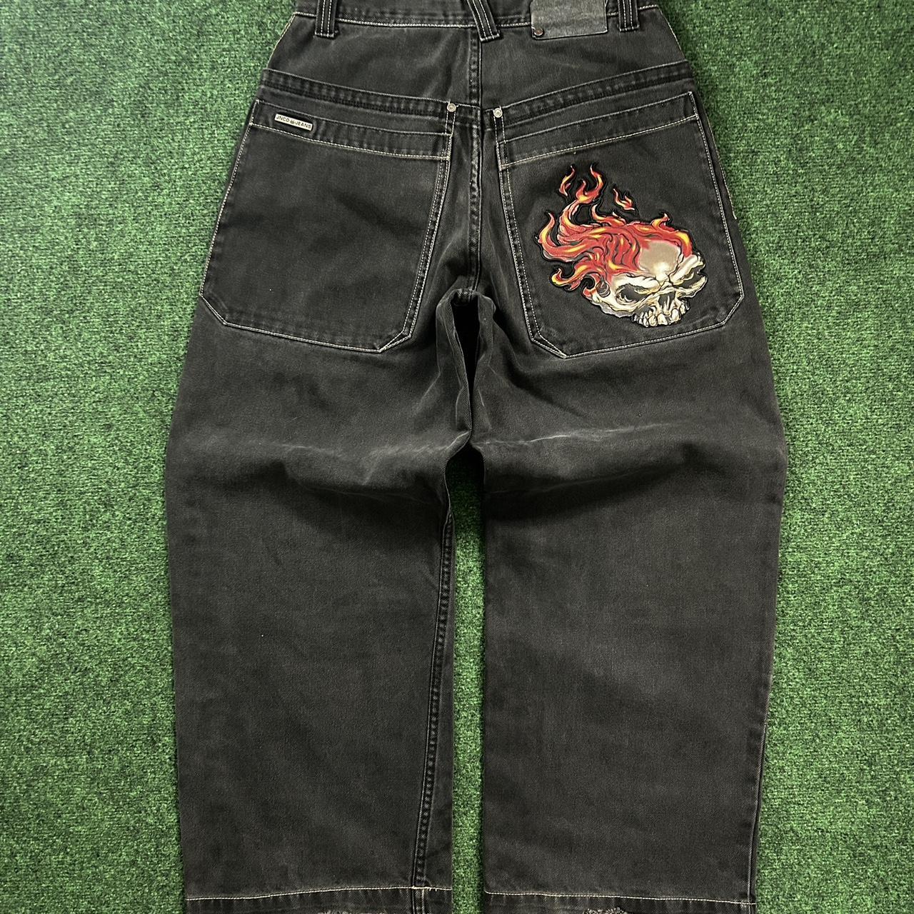 Y2k JNCO Jeans flaming skull wide leg jeans ... - Depop