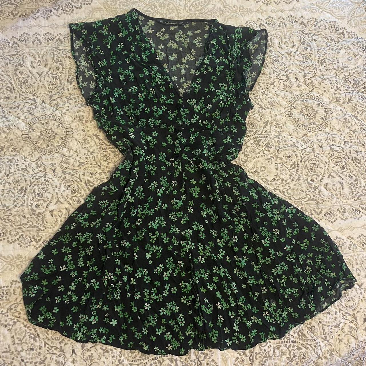 Zara Green and Black Floral Mini Dress • Depop