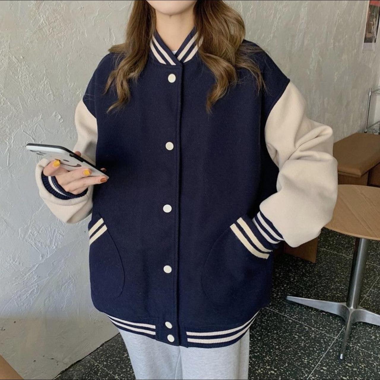 Navy Blue Sporty Varsity Contrast Stripe Baseball - Depop