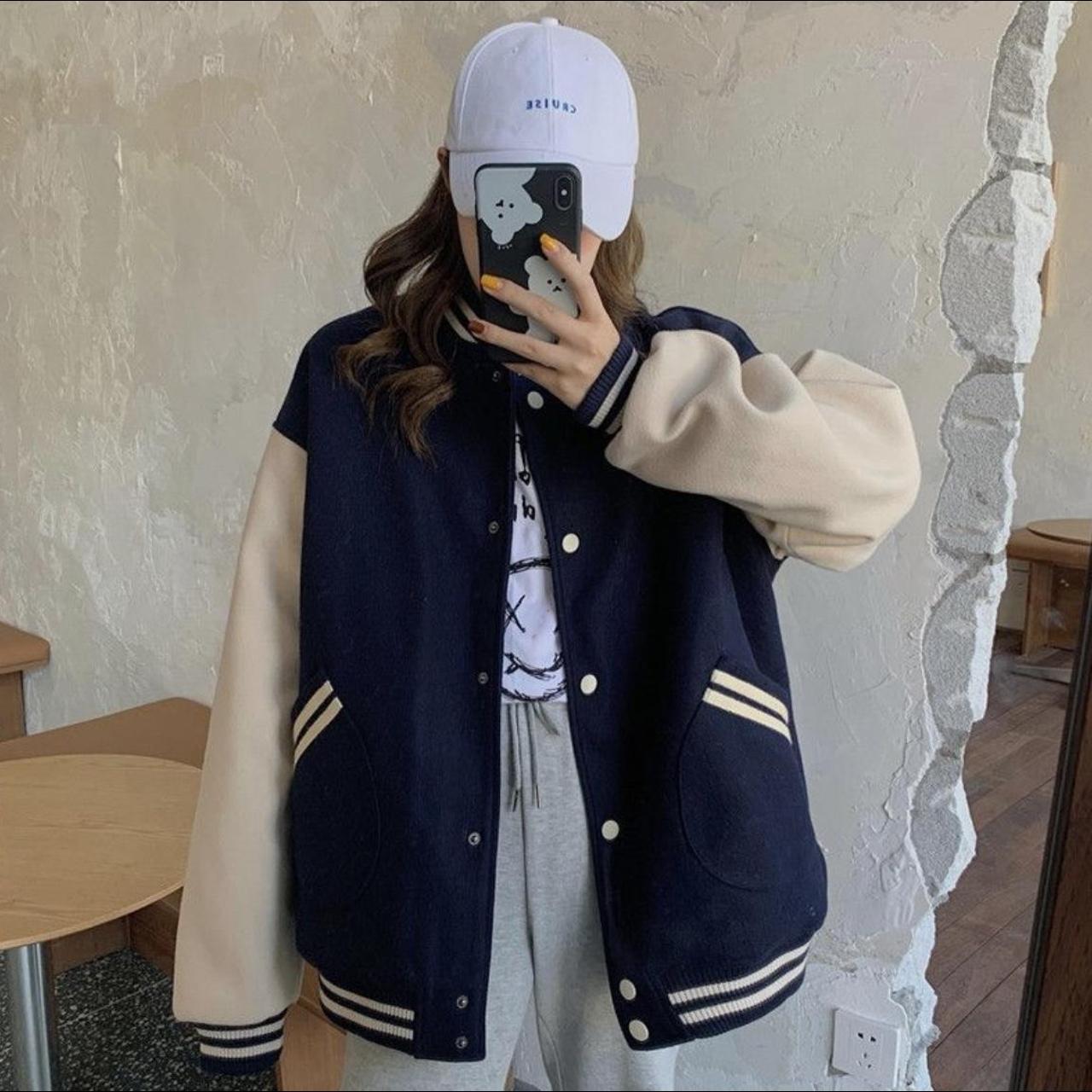 navy blue sporty varsity contrast stripe baseball... - Depop