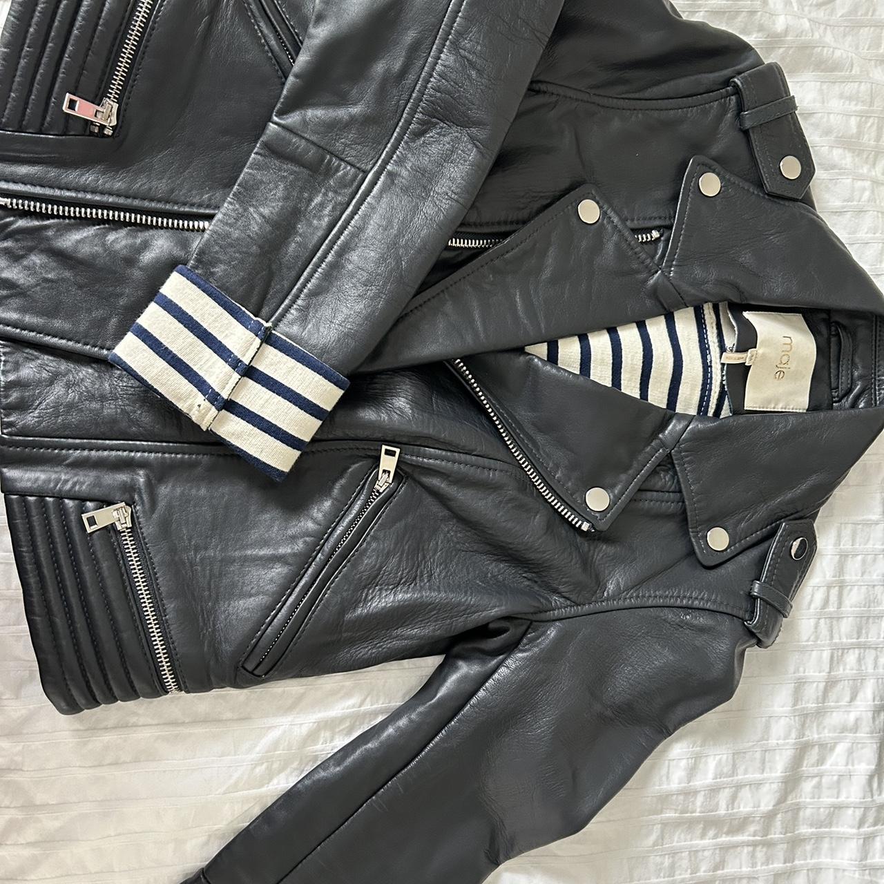 maje brand navy leather jacket with zipper... - Depop