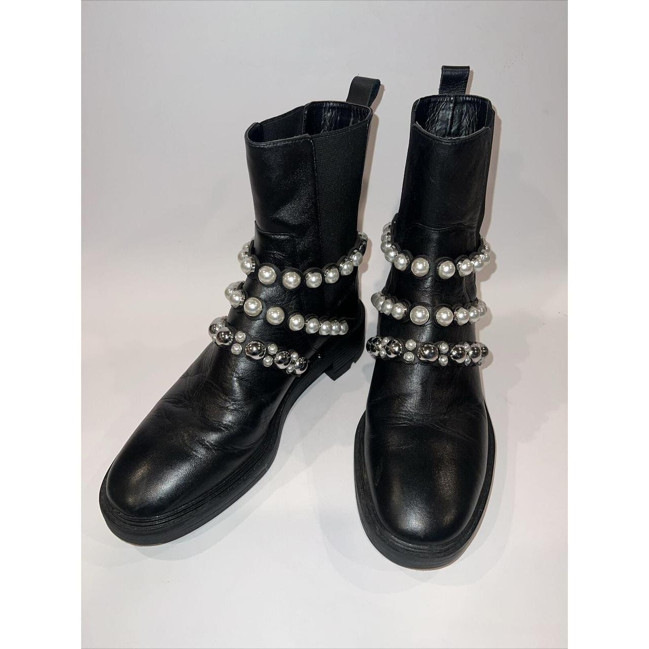 ZARA lug sole PLATFORM LEATHER ANKLE BOOTS WITH FAUX PEARL STRAPS size outlets 39 8 new!