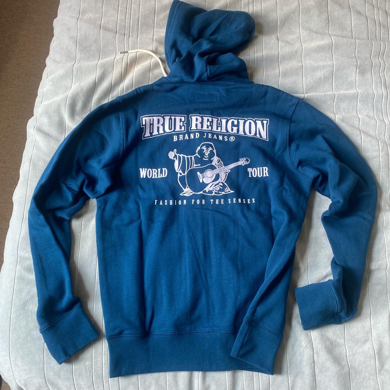 True Religion Men's Blue and White Hoodie | Depop