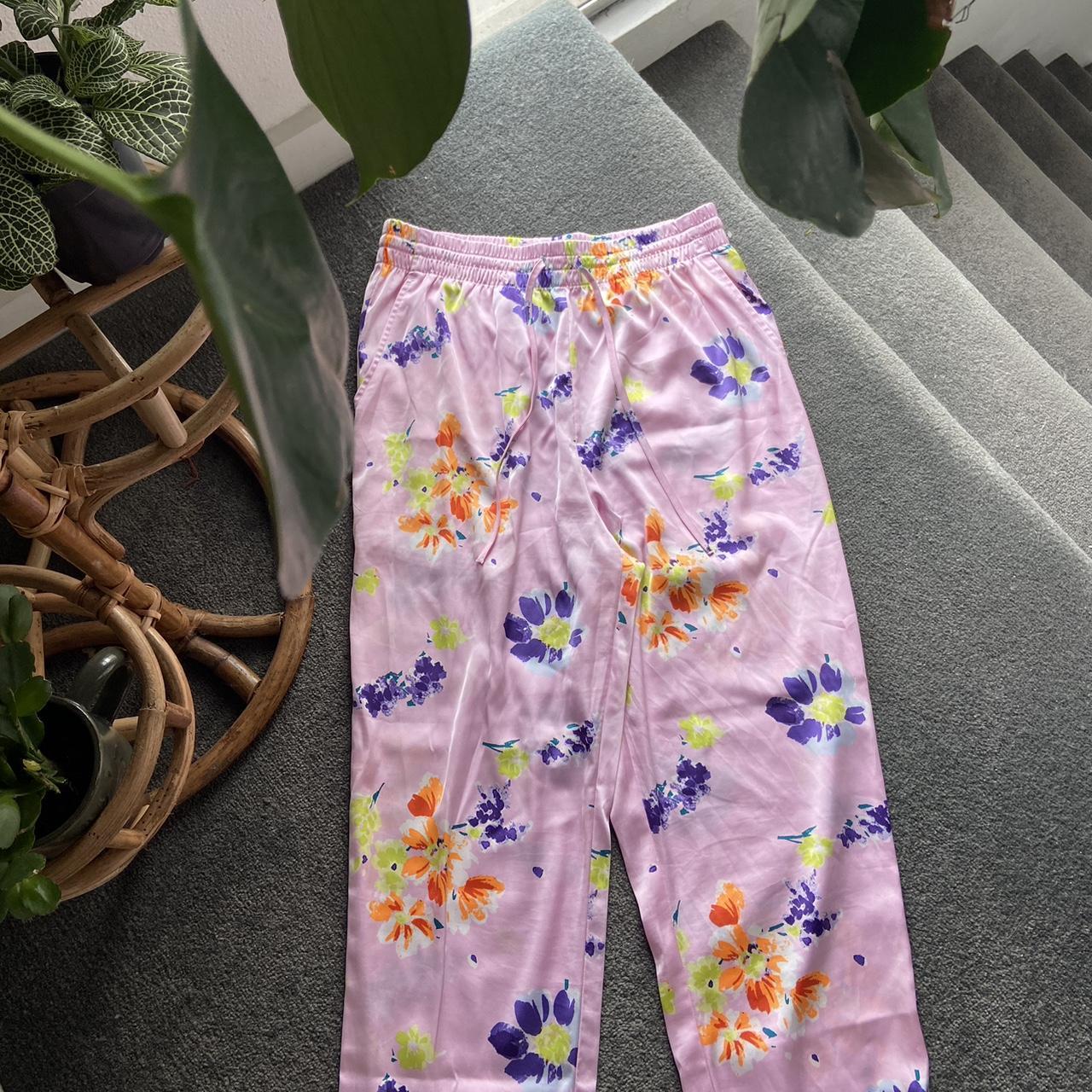 Baby Pink and Floral Satin Silk Pajama Pants Size... - Depop