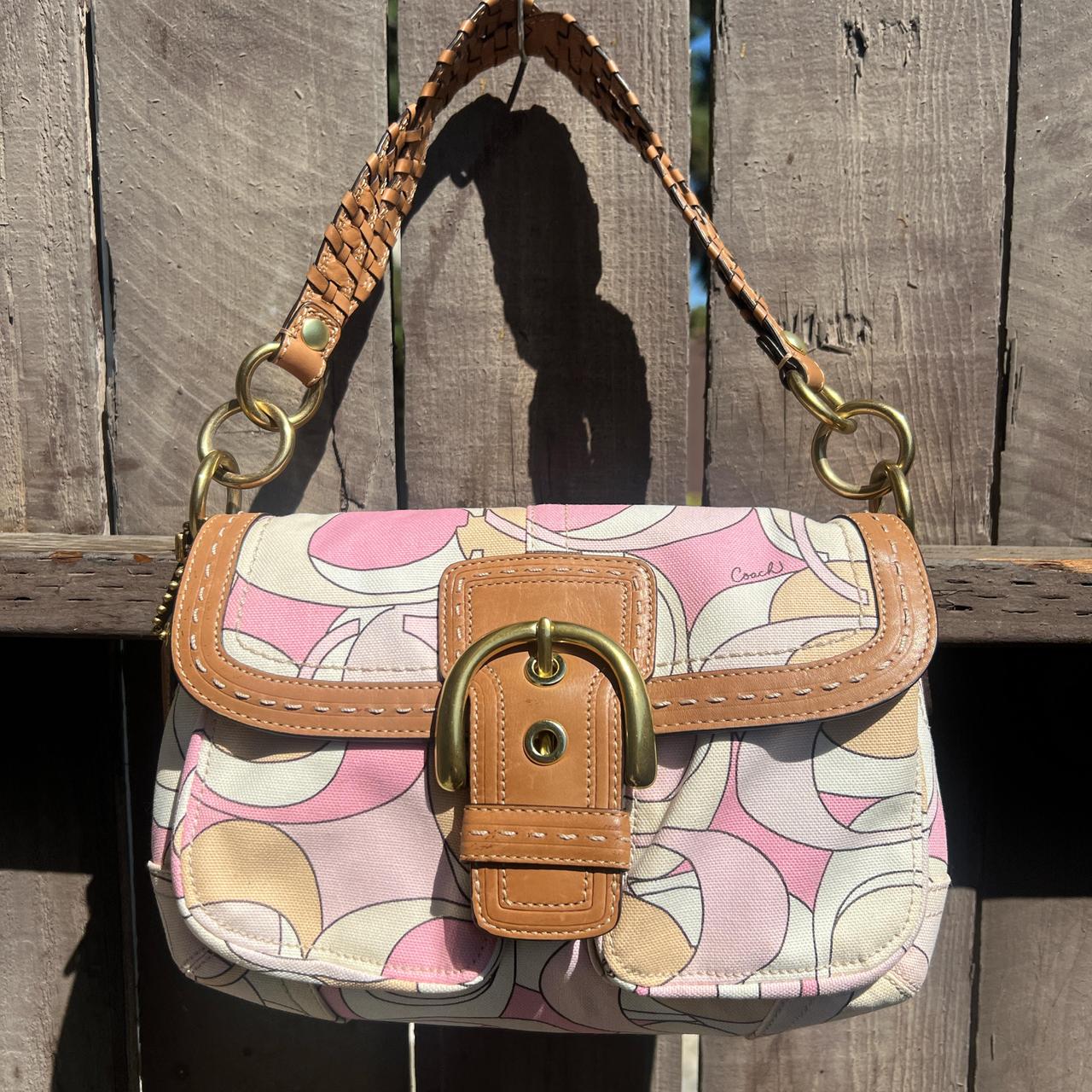 Coach y2k shoulder bag brown canvas white trim buckle | Depop