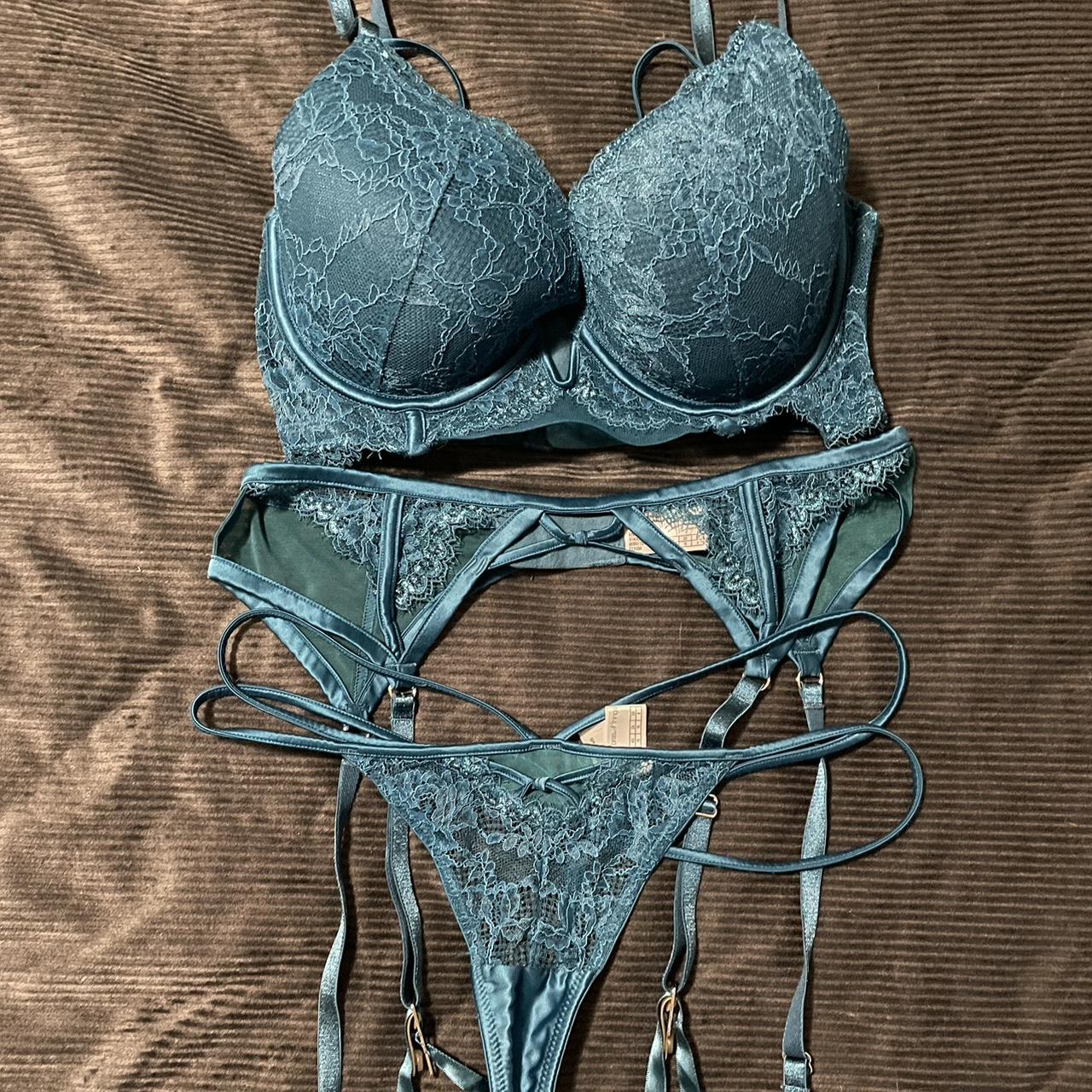 Bras & Things Teal blue Bra 10DD Garter 10 GString... Depop