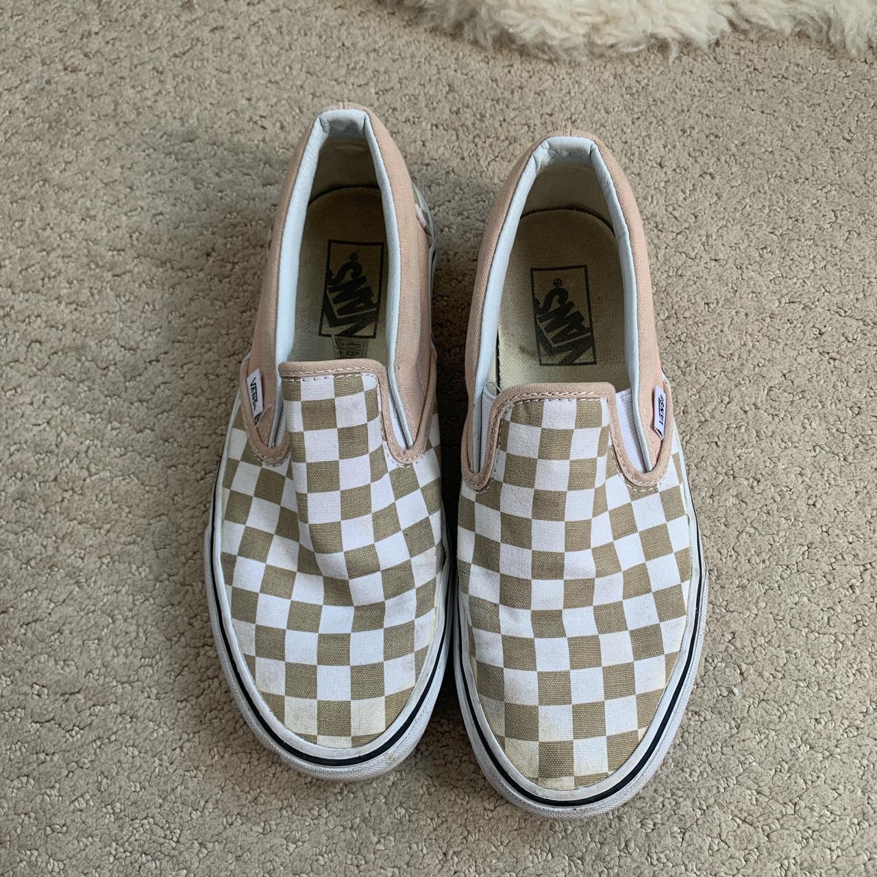 White and store tan checkered vans