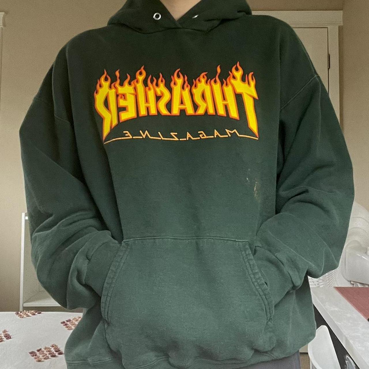 Forest green Thrasher hoodie, worn (small bleach... - Depop