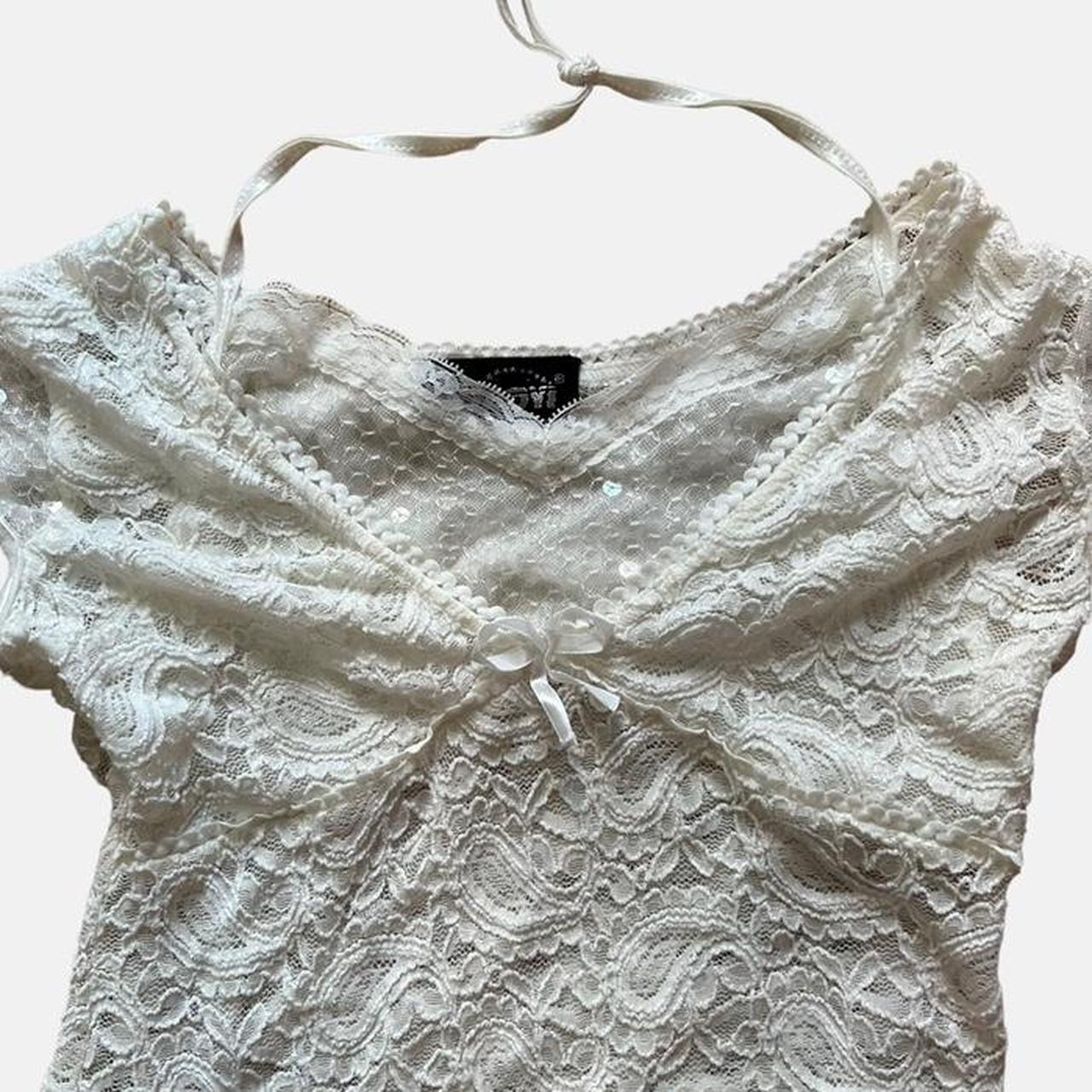 Beautiful thrifted white lace cami bow coquette... - Depop