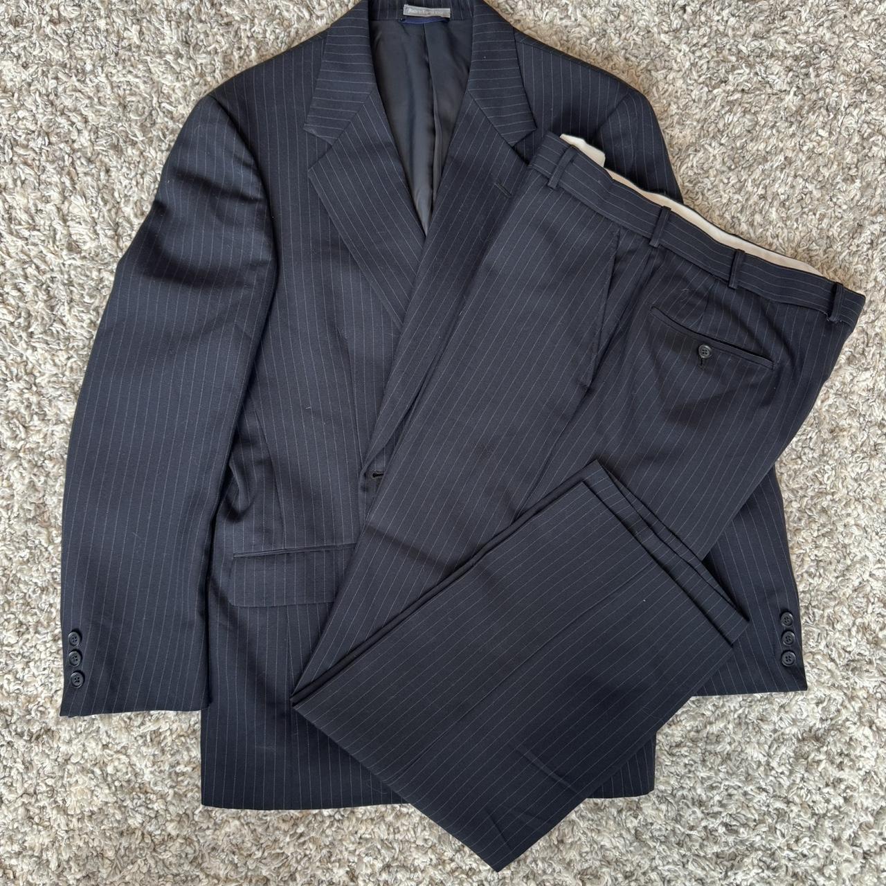 Navy pinstripe Marc Jeffries suit, jacket length:... - Depop