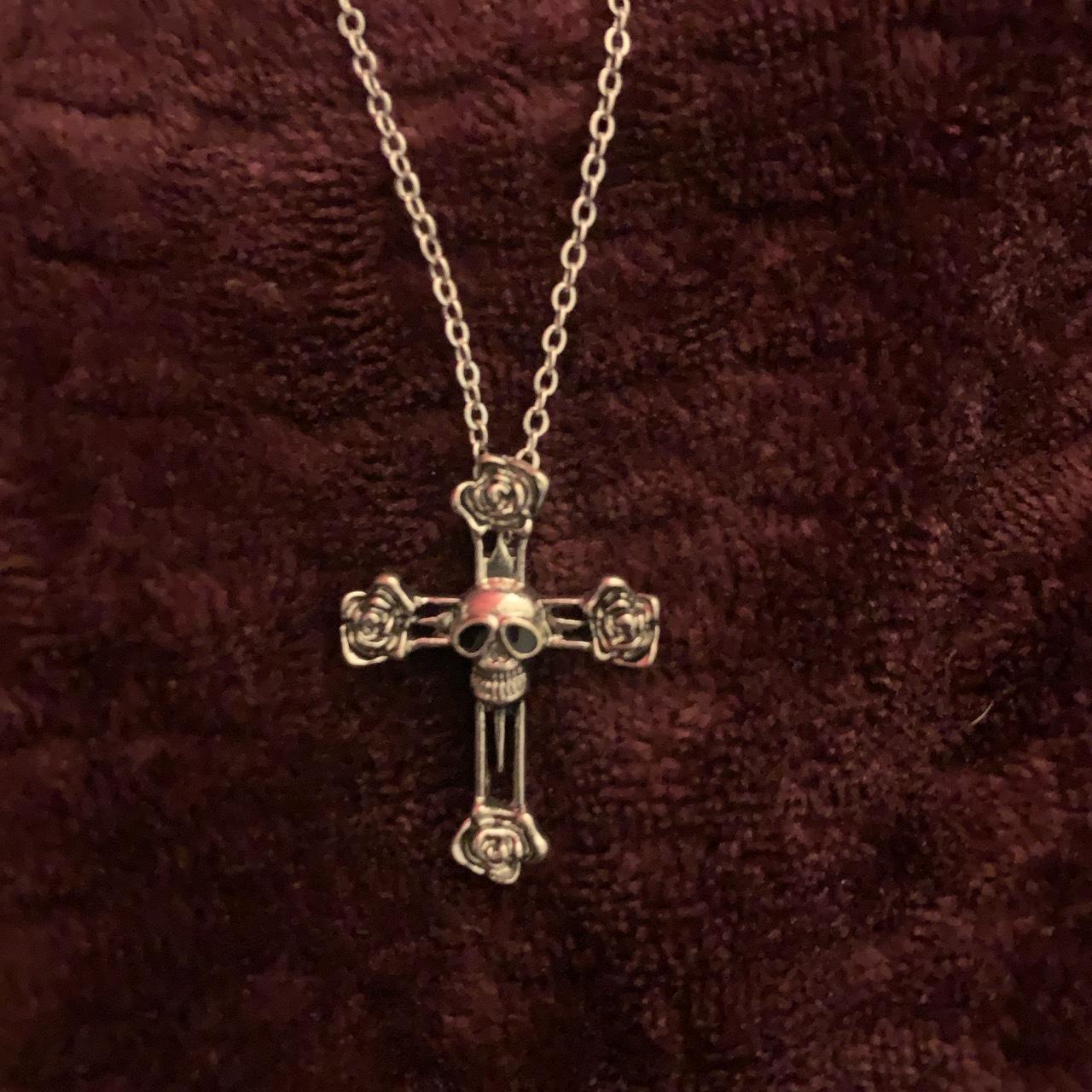 Large Gothic Cross Necklace silver-tone pendant on 24