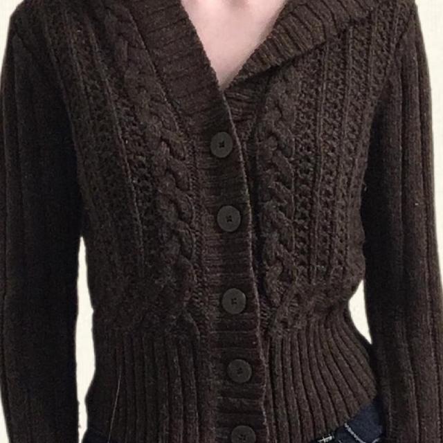 Y2k 2000s brown knit cardigan hoodie button sweater... - Depop