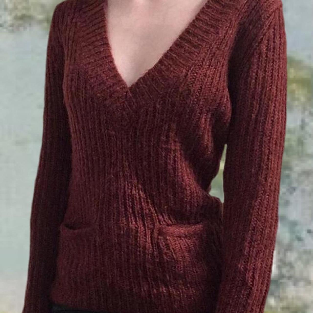 Vintage maroon red v neck sweater with two pockets... - Depop