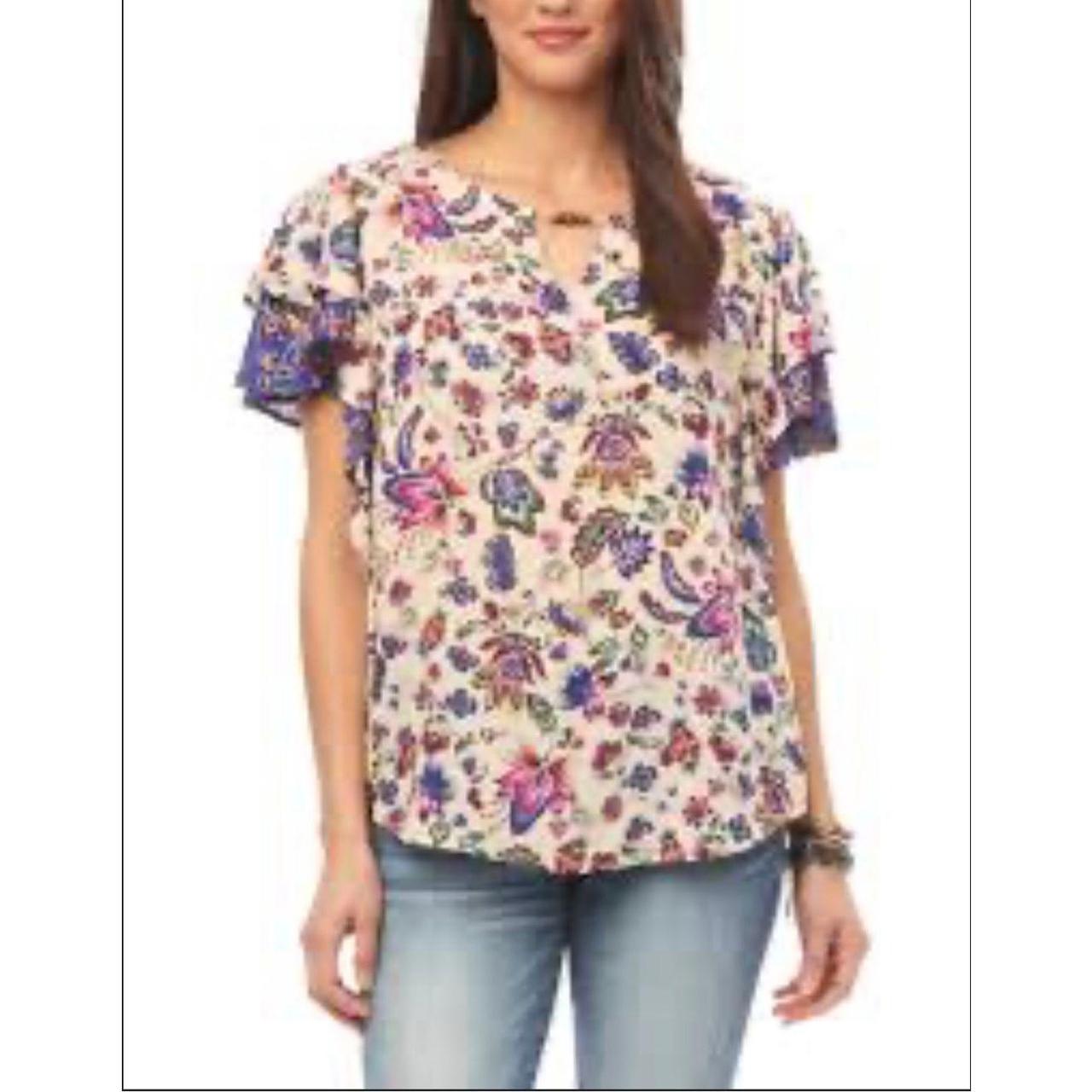 Democracy printed ruffle sales top