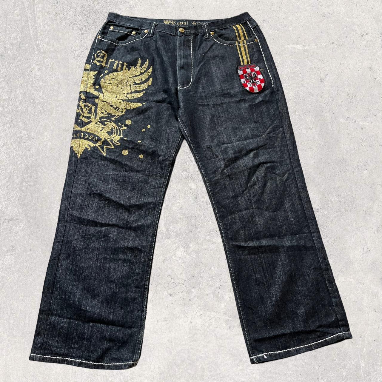 baggy embroidered affliction style jeans... - Depop