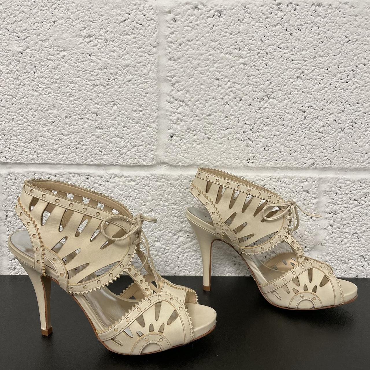 Karen Millen Nude Leather Cut-Out Sandals Peep toe,... - Depop