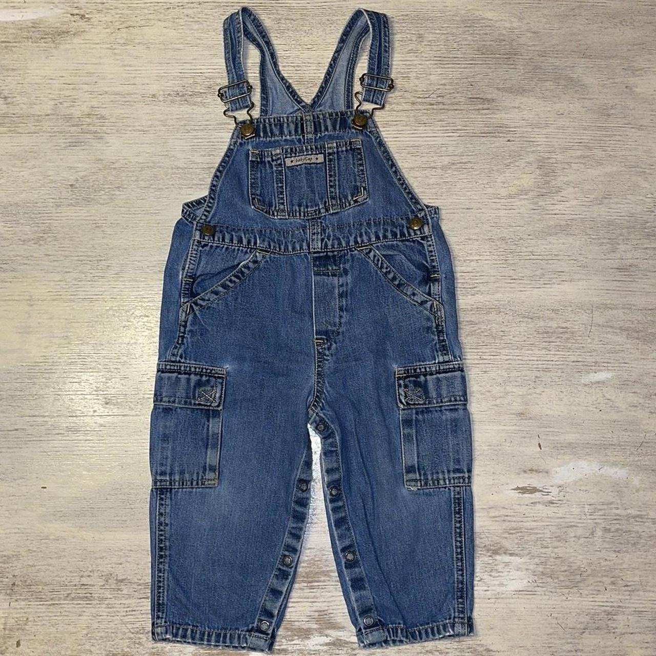 Vintage Worn in Baby Gap Denim Cargo Overalls Size... - Depop