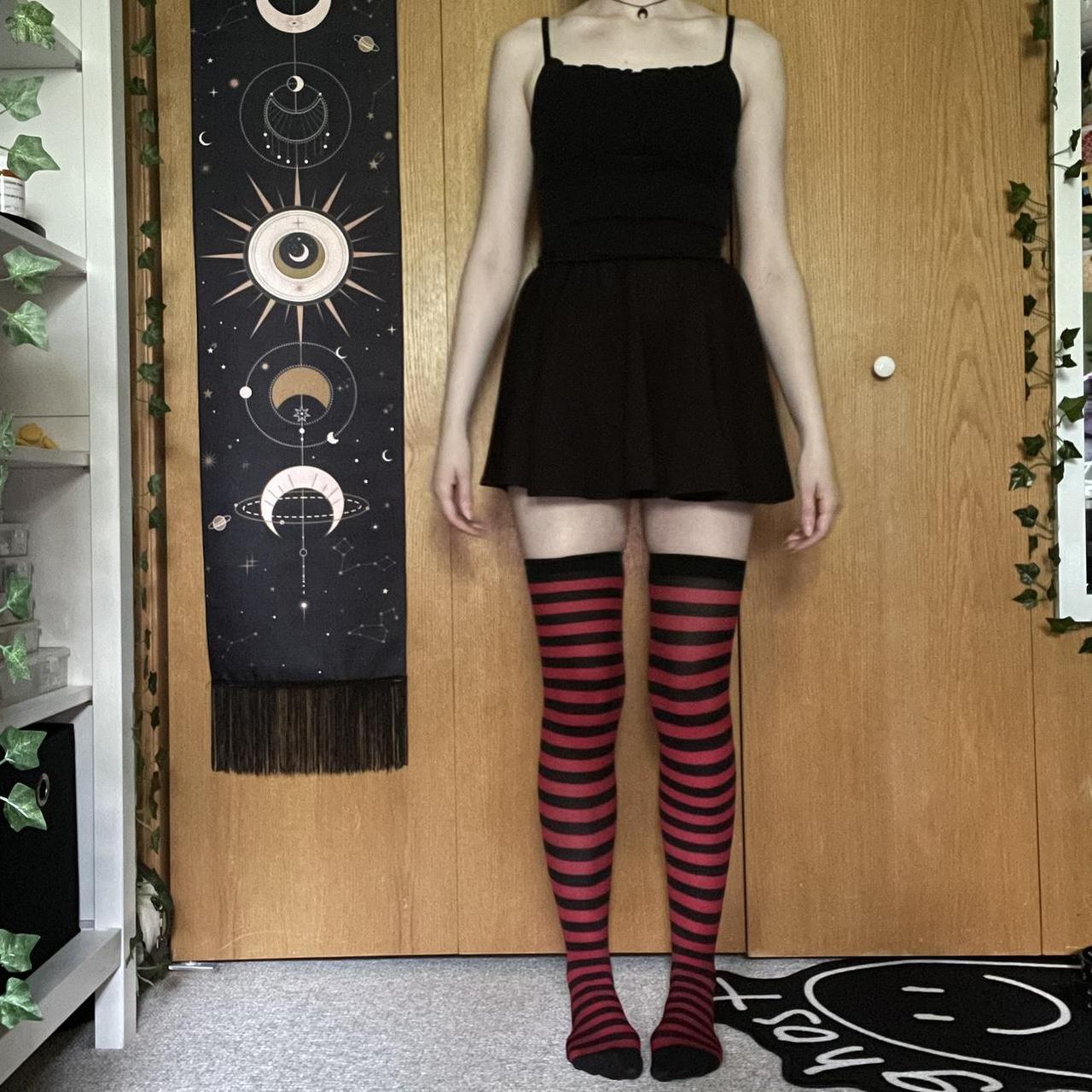 hot topic red and black striped thigh highs, not a...