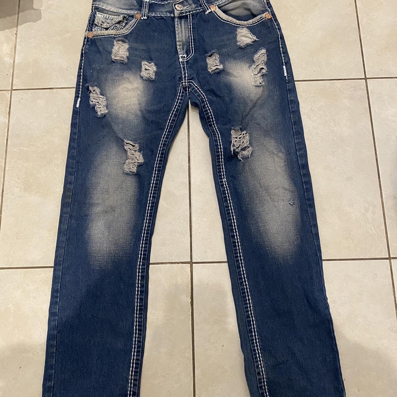 super cool ripped true religion jeans size... - Depop