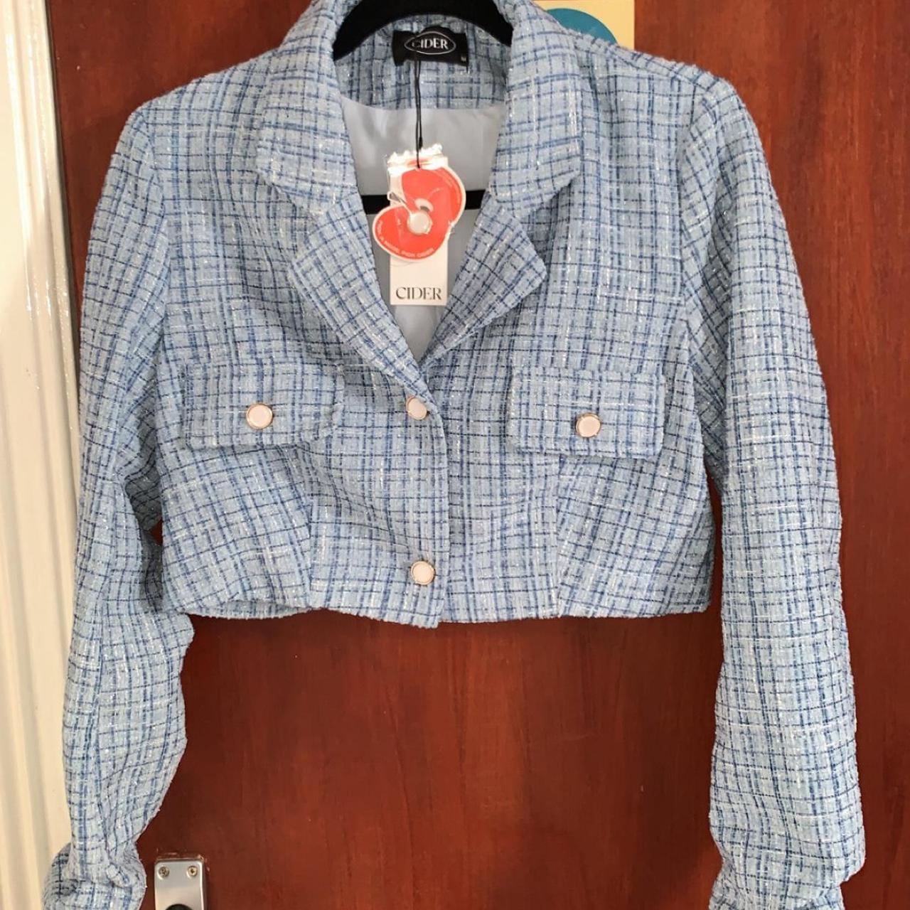 Cider blue solid tweed collar cropped jacket, size... Depop
