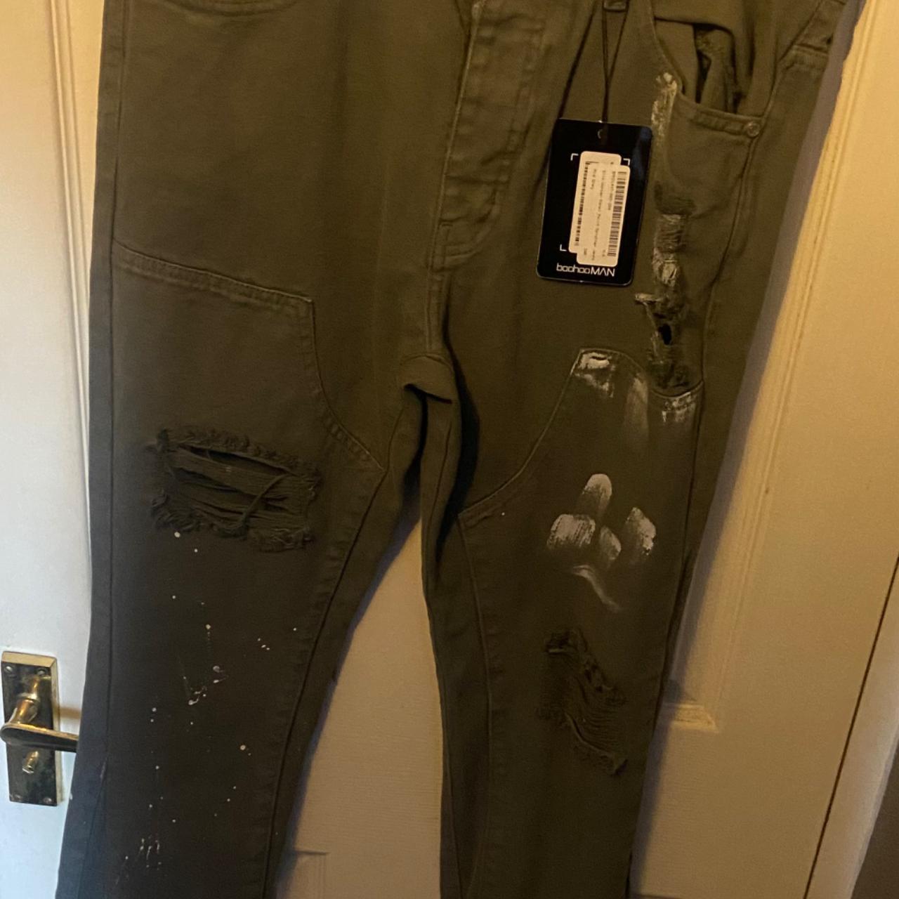 BoohooMAN Slim Worker Panel Paint Splatter... Depop