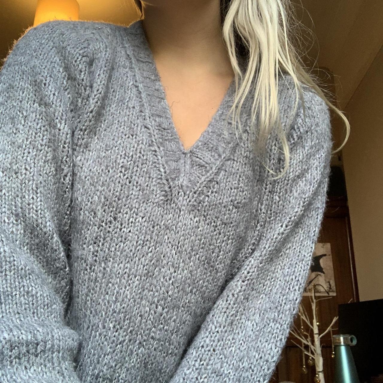 Beautiful hand-knitted grey slouchy v-neck... - Depop