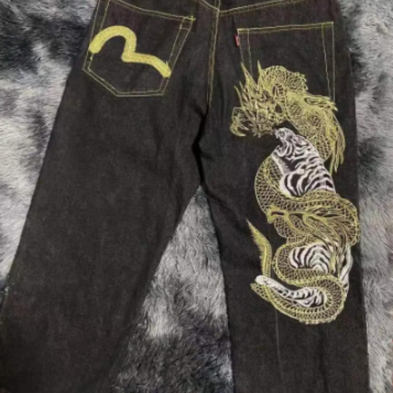 Y2k Jeans Harajuku Hip Hop Dragon Pattern Retro... - Depop