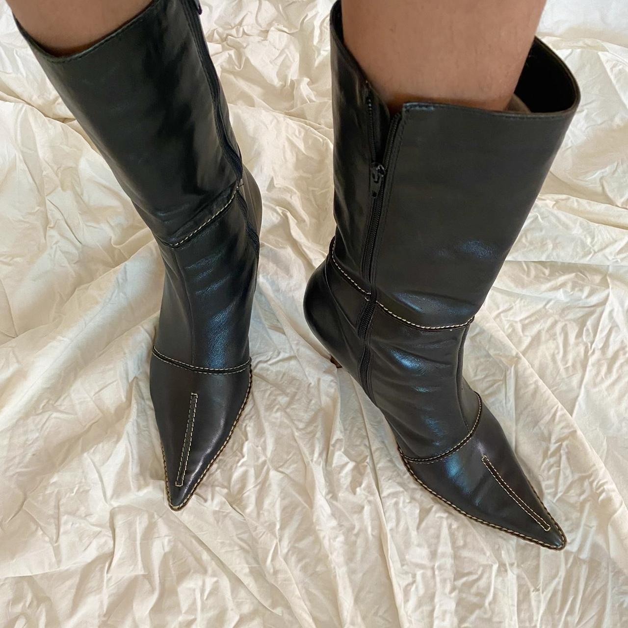 luichiny topstitch black leather boots — pointed... - Depop