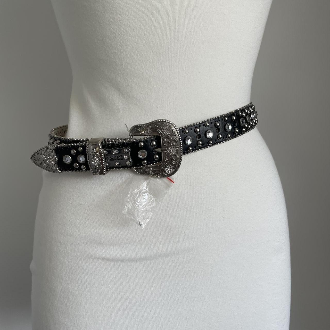 black leather diamante bedazzled big buckle western... Depop